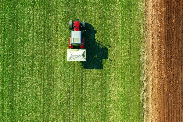 Agricultural tractor fertilizing wheat crop field with NPK